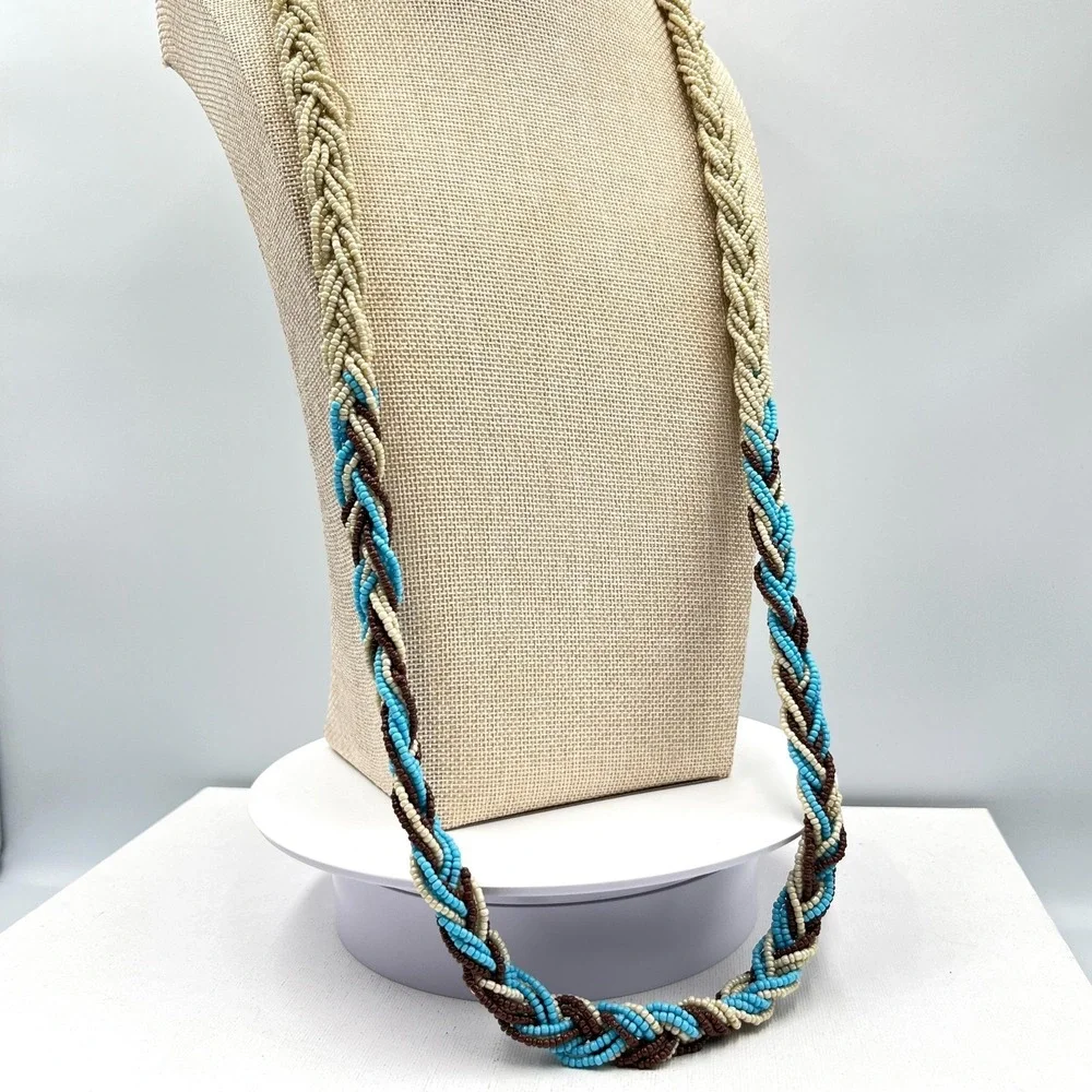 Vintage Multi-Strand Braided Seed Bead Necklace Cream Blue Brown Boho Retro - Picture 11 of 15